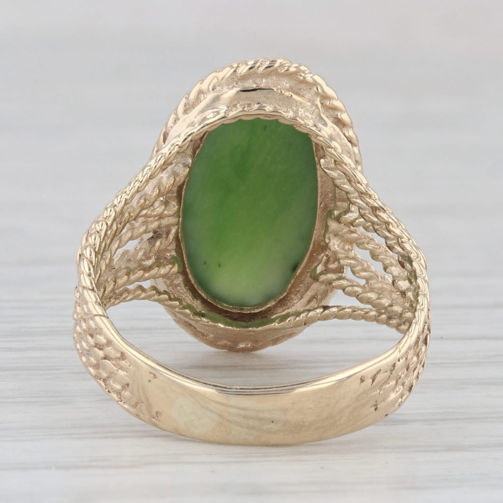 Light Gray Vintage Green Nephrite Jade Oval Cabochon Ring 10k Yellow Gold Size 6