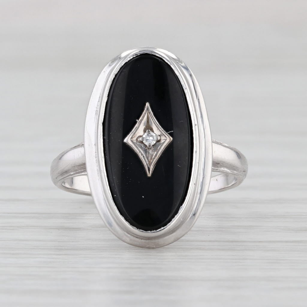 Vintage Onyx Diamond Signet Ring 10k White Gold Size 7.5