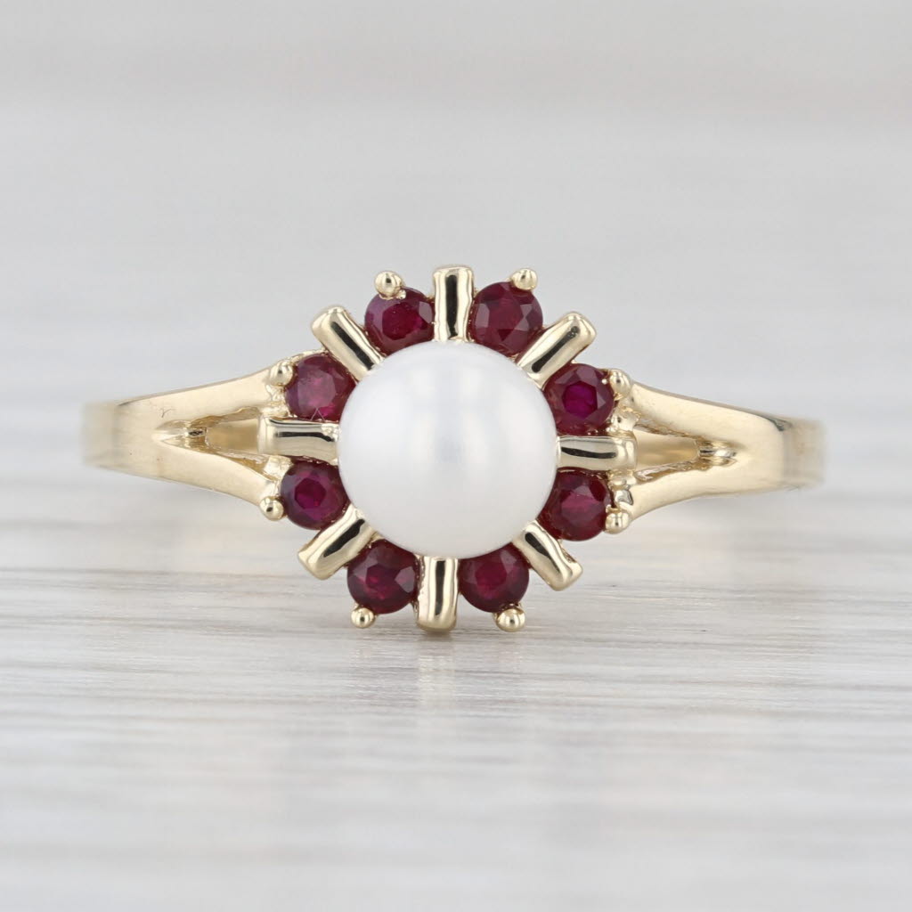 Cultured Pearl 0.24ctw Ruby Halo Ring 10k Yellow Gold Size 7.25
