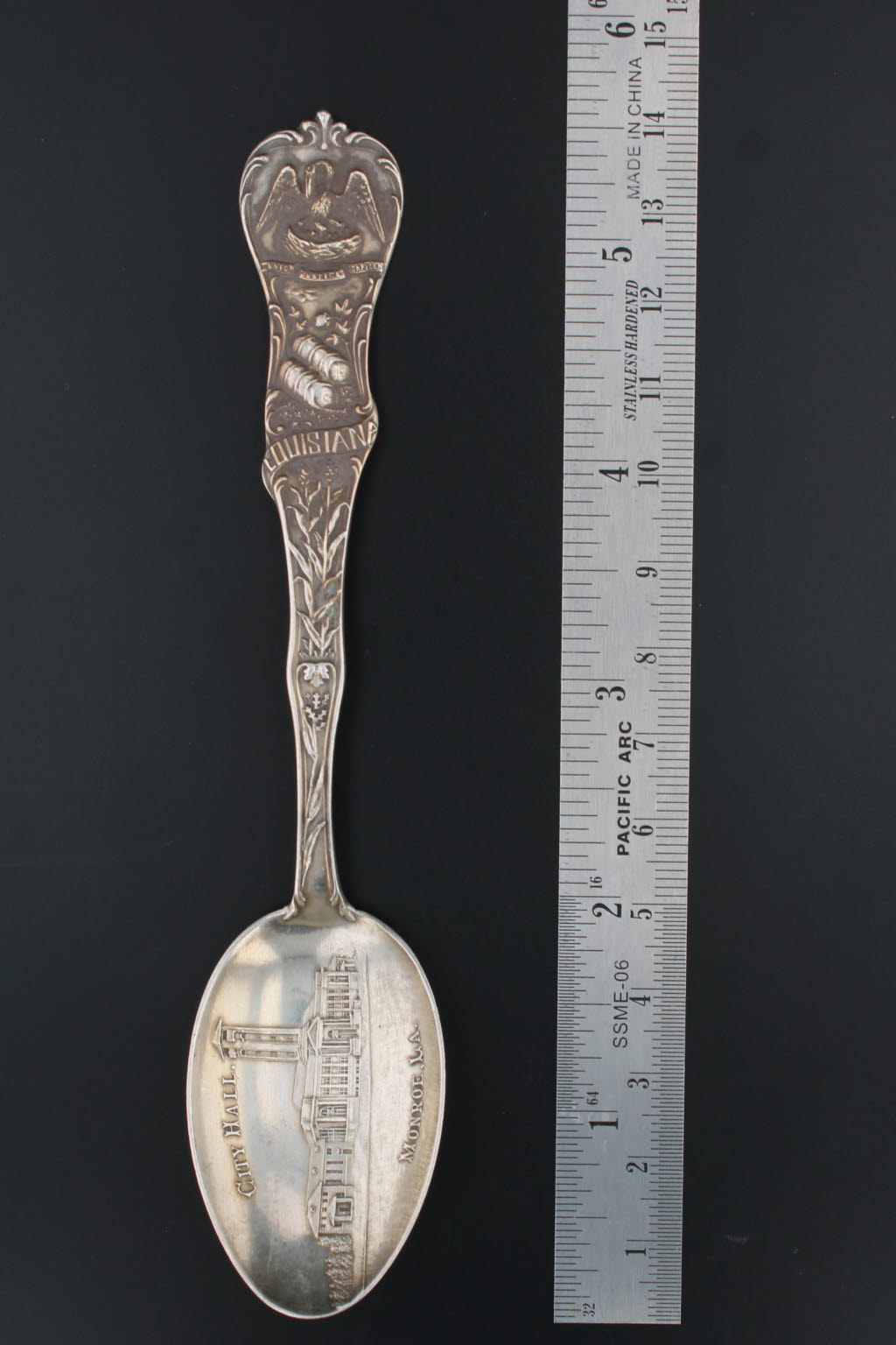 Dark Gray Vintage Louisiana Souvenir Spoon Sterling Silver Monroe City Hall Watson