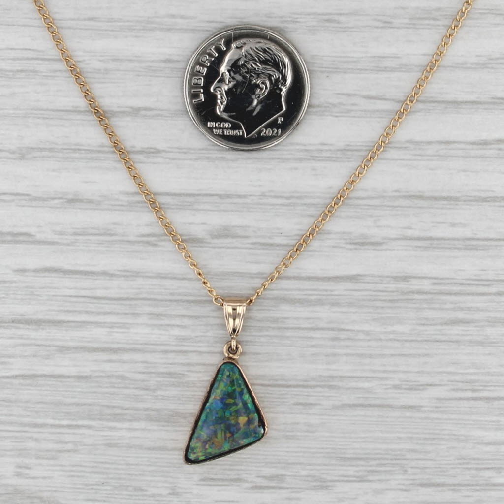 Triangle Cabochon Opal Pendant Necklace 14k Yellow Gold 17.5" Curb Chain