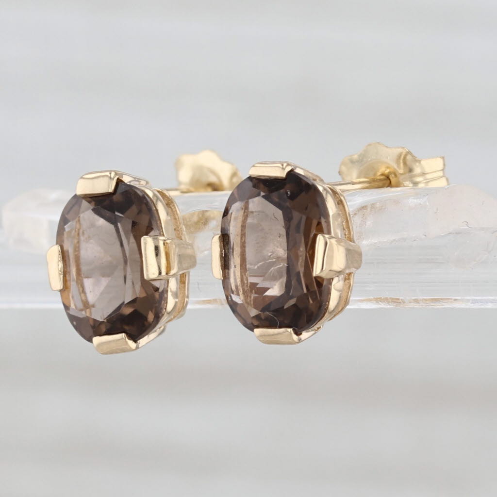 2ctw Smoky Quartz Stud Earrings 14k Yellow Gold Oval Solitaire Studs