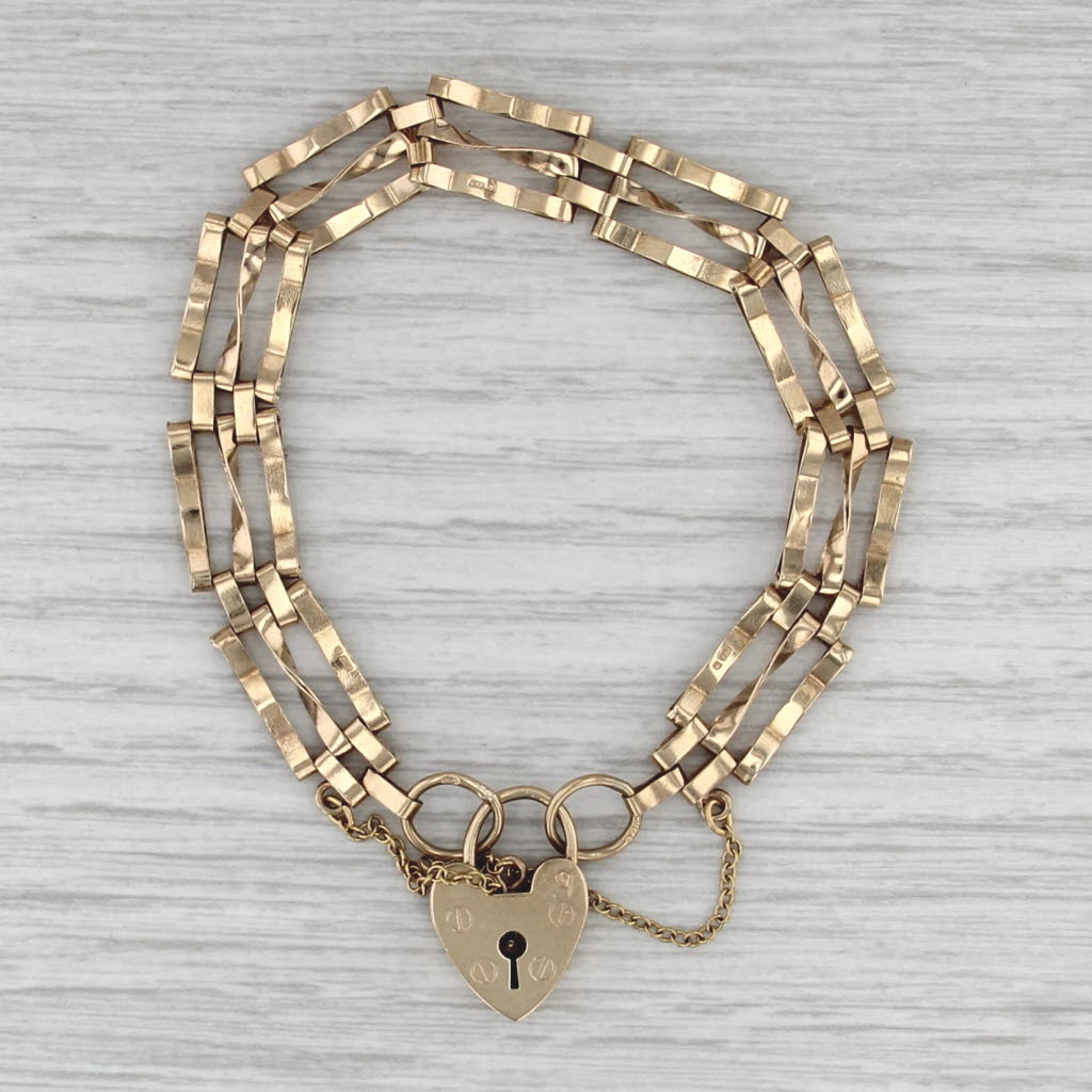 Antique Heart Lock Bracelet 9k Yellow Gold 6.75" 9mm