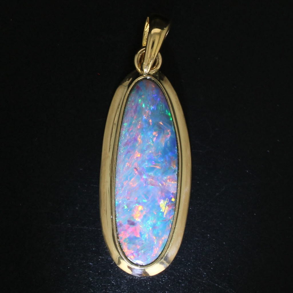 Black Multicolor Opal Doublet Solitaire Drop Pendant 14k Yellow Gold