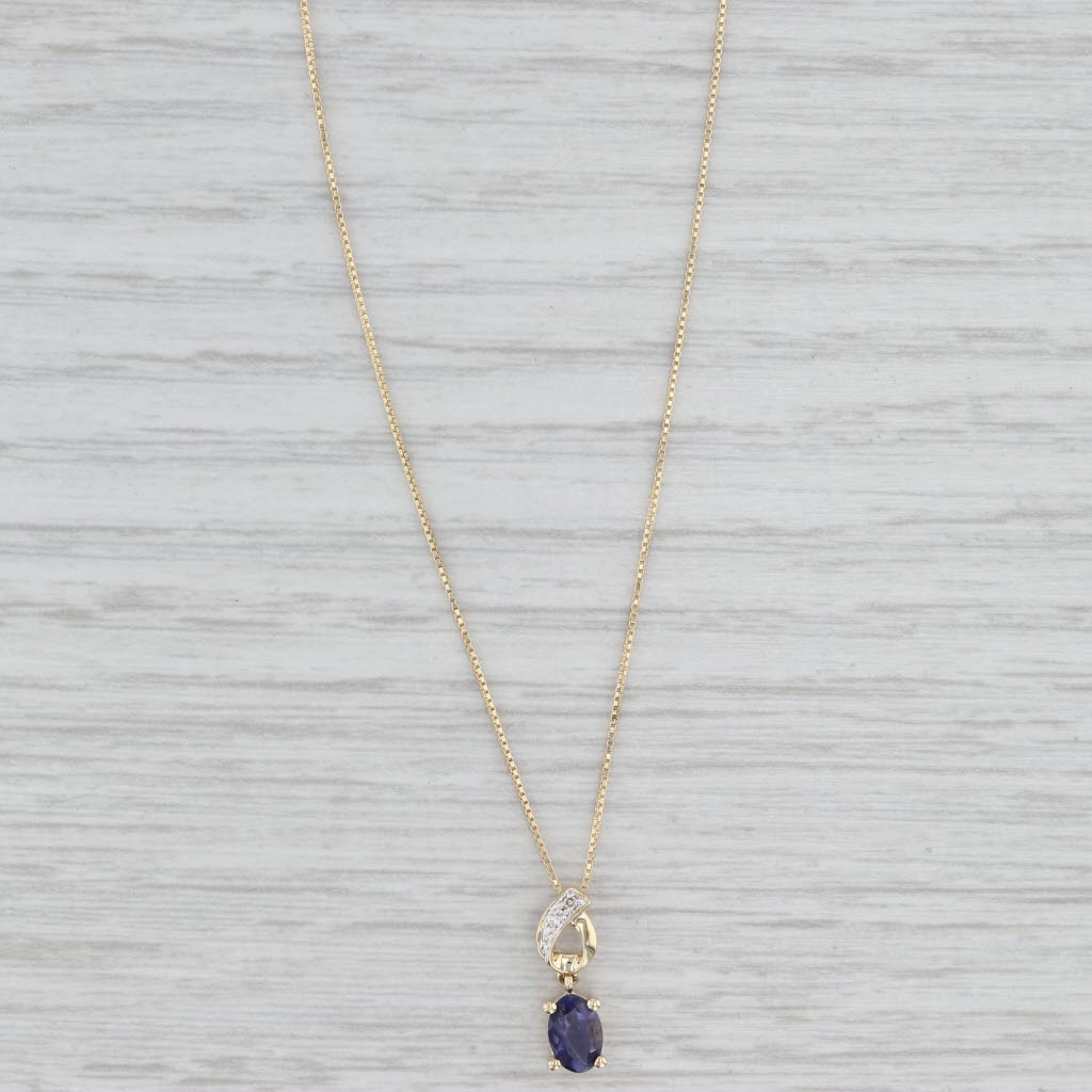 Light Gray 0.30ct Blue Iolite Diamond Pendant 14k Yellow Gold 17" Box Chain