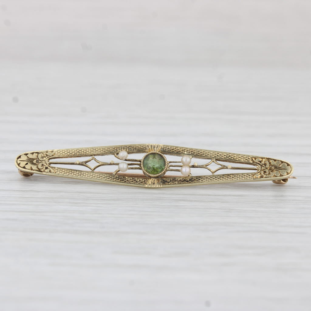 Light Gray Seed Pearl Peridot Bar Pin 14k 10k Yellow Gold Vintage Brooch