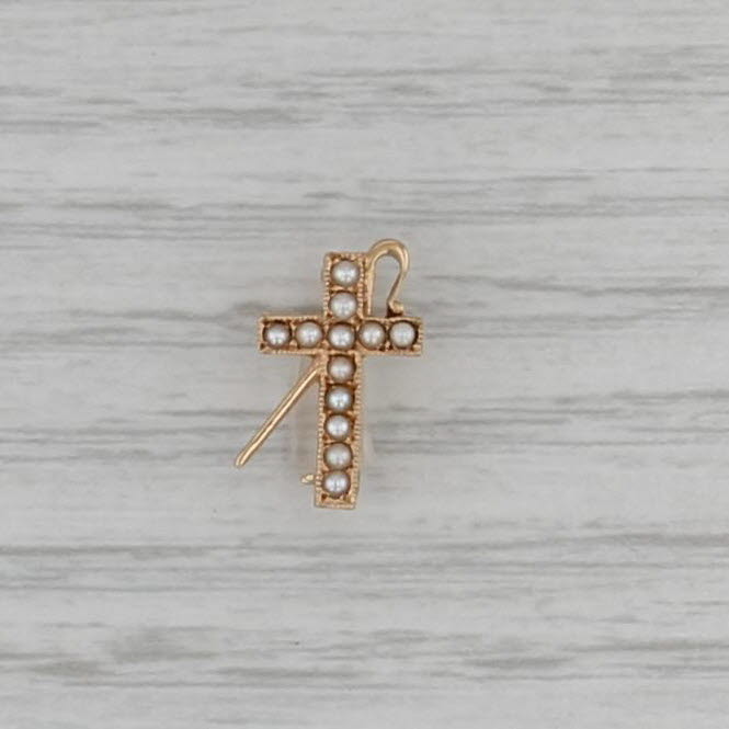 Vintage White Shrine of Jerusalem Pin 14k Gold Pearls Cross Staff Badge