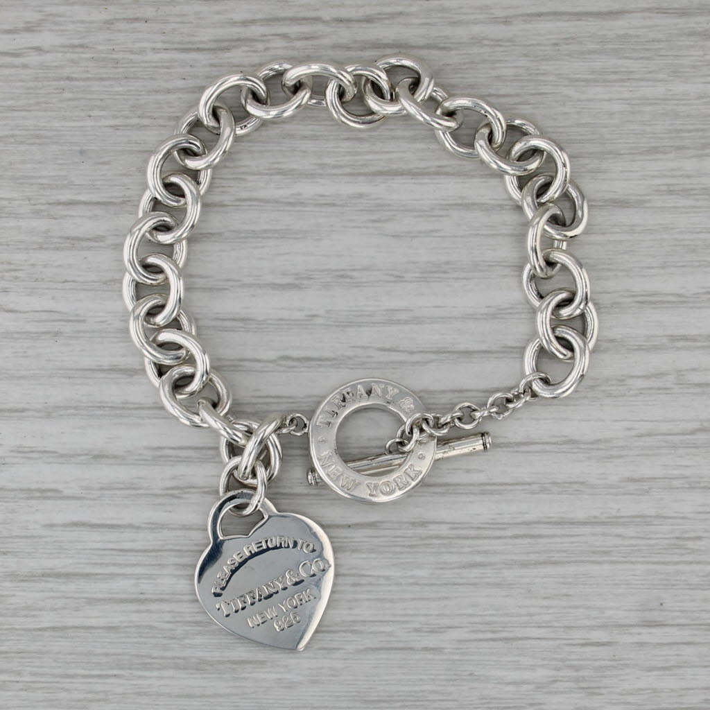 Return to Tiffany Heart ID Tag Charm Bracelet Box Pouch Sterling Silver 7.25"