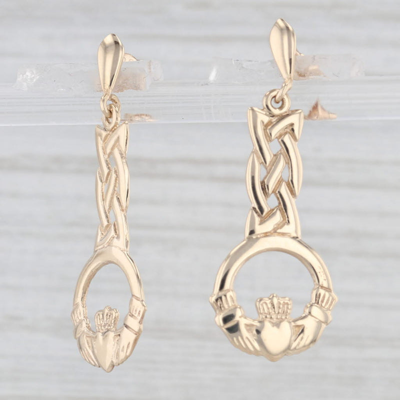 Irish Claddagh Celtic Knot Dangle Earrings 9k Yellow Gold Drops
