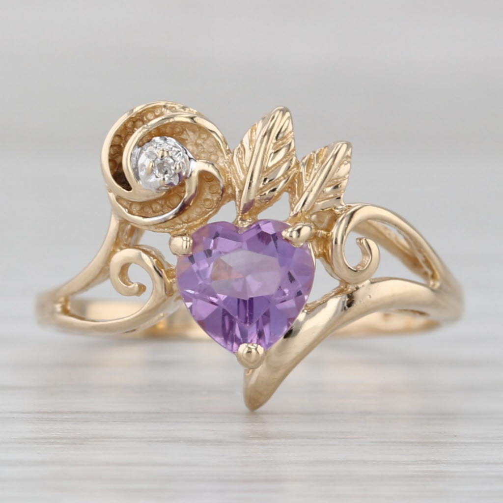 Gray 0.70ctw Amethyst Heart Flower Ring 14k Yellow Gold Size 7 Diamond Accent