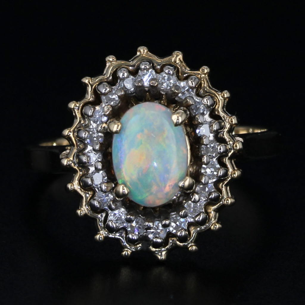 Dark Gray Oval Opal Cabochon Diamond Halo Ring 14k Yellow Gold Size 6.5