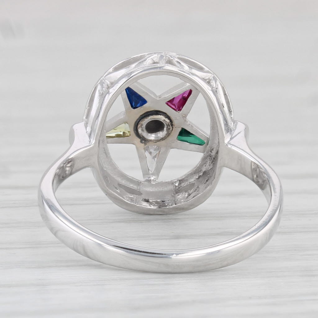 Light Gray Order Eastern Star Ring 10k White Gold Glass Masonic OES Signet Ring Size 5.75