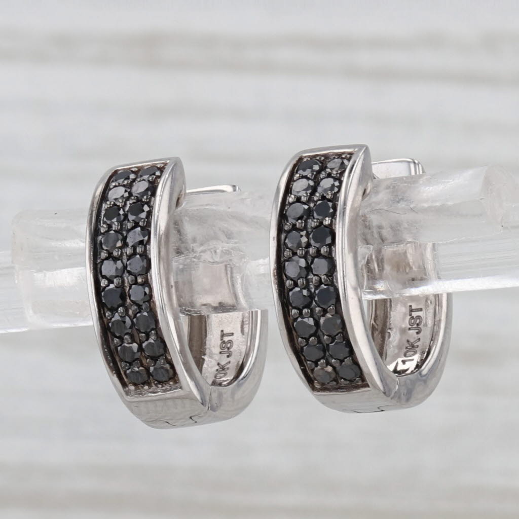 0.25ctw Black Diamond Hoop Huggie Earrings 10k White Gold Snap Top Round Hoops