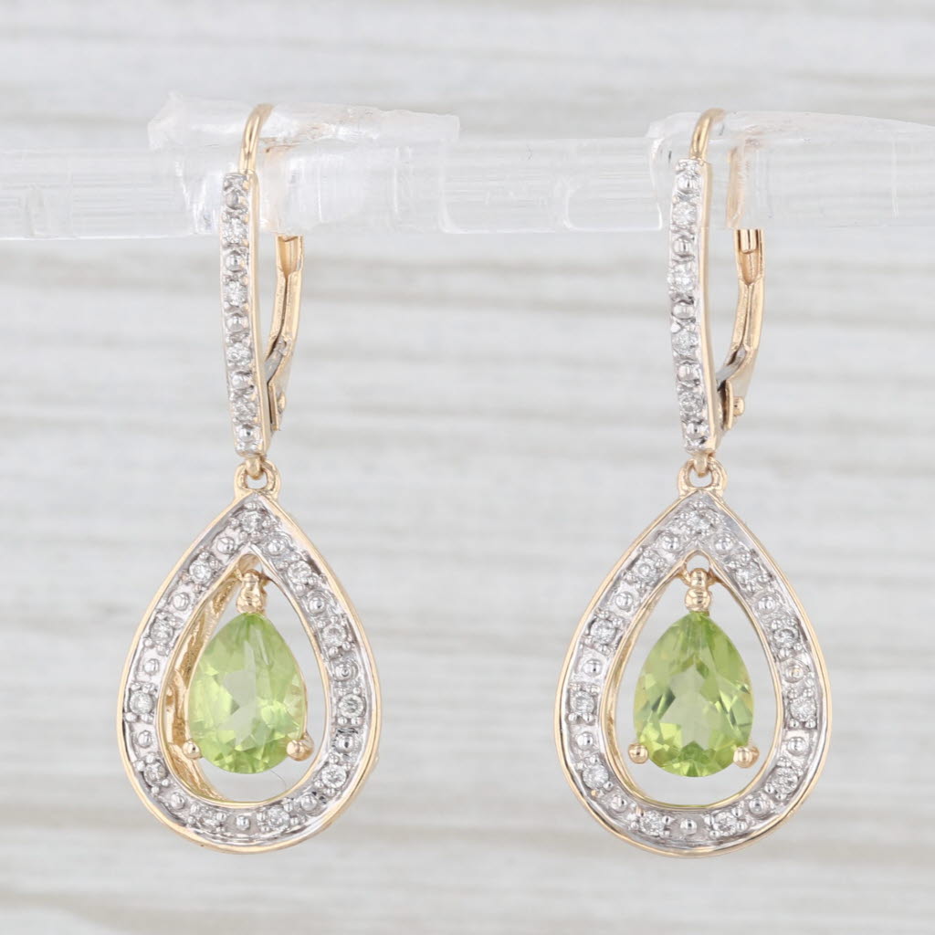 Light Gray 1.63ctw Peridot Diamond Teardrop Dangle Earrings 14k Yellow Gold Lever Backs