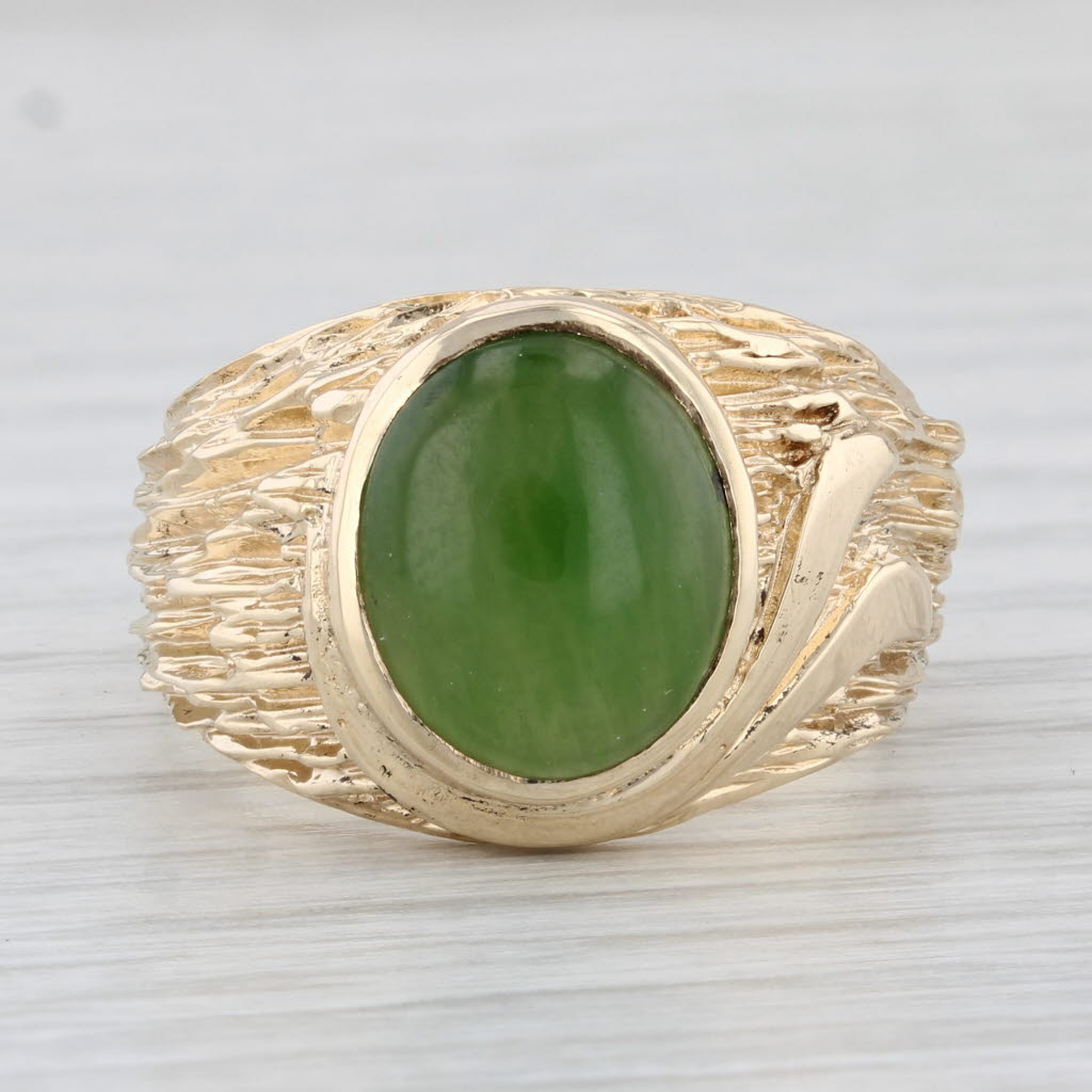 Light Gray Green Nephrite Jade 10k Yellow Gold Size 8.5 Woodgrain Band Oval Cabochon