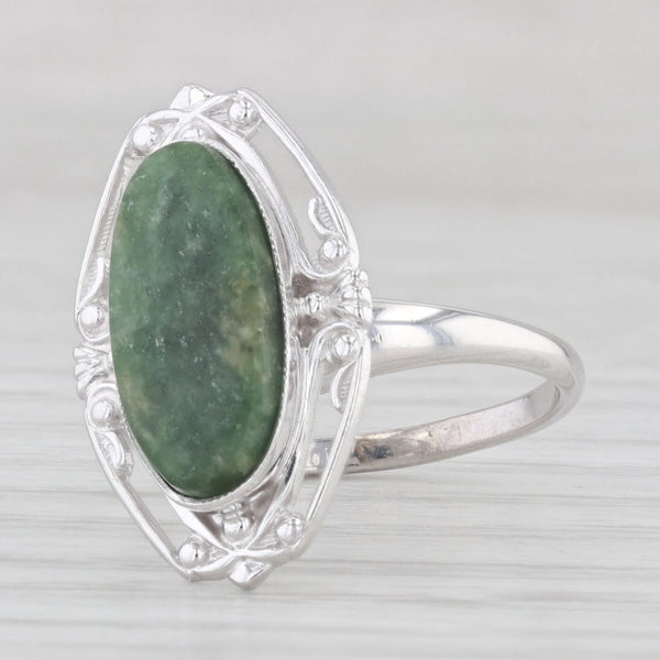 Light Gray Vintage Green Nephrite Jade Oval Cabochon Ring 10k White Gold Size 5.5