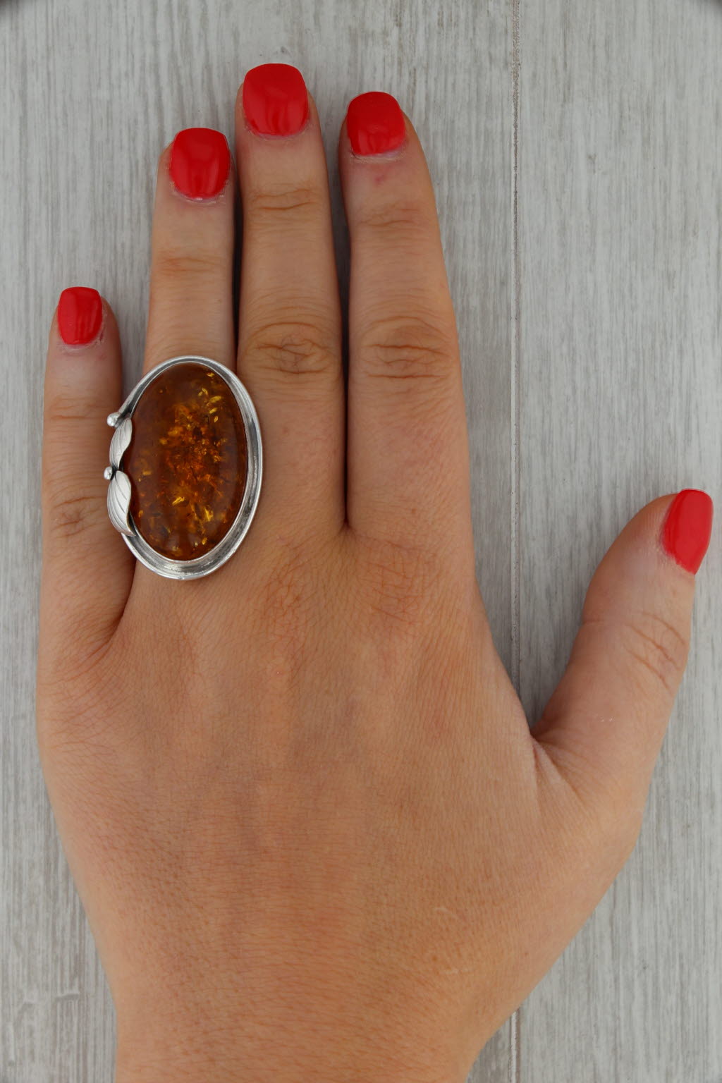 Rosy Brown Amber Oval Cabochon Statement Ring Sterling Silver Size 7 Handmade