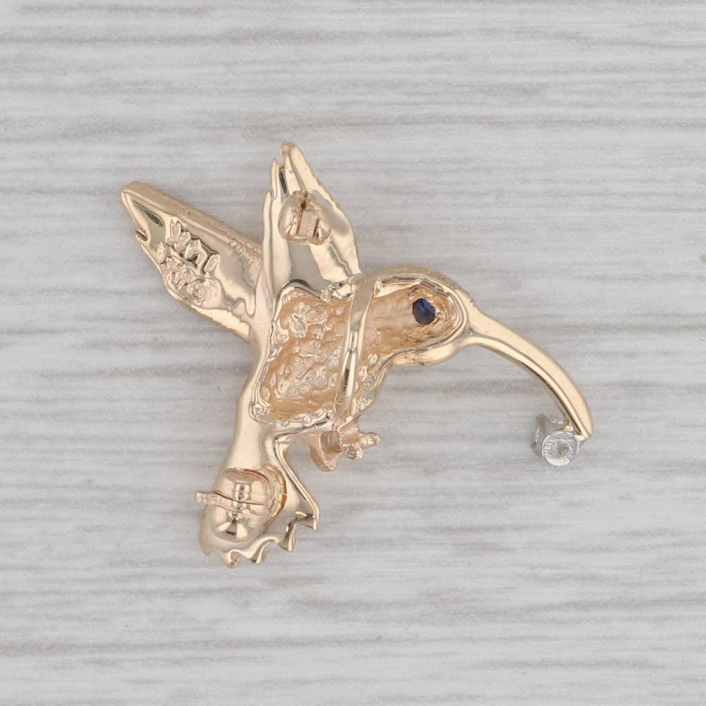 Gray Diamond Blue Sapphire Hummingbird Pin Pendant 14k Yellow Gold Brooch