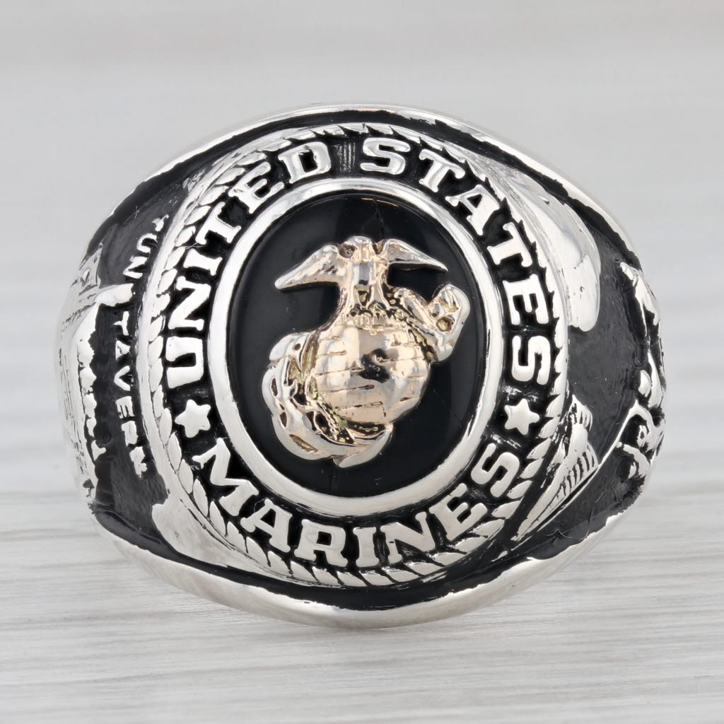 Light Gray United States Marine Corps Onyx Signet Ring Sterling Silver Size 9 AS IS