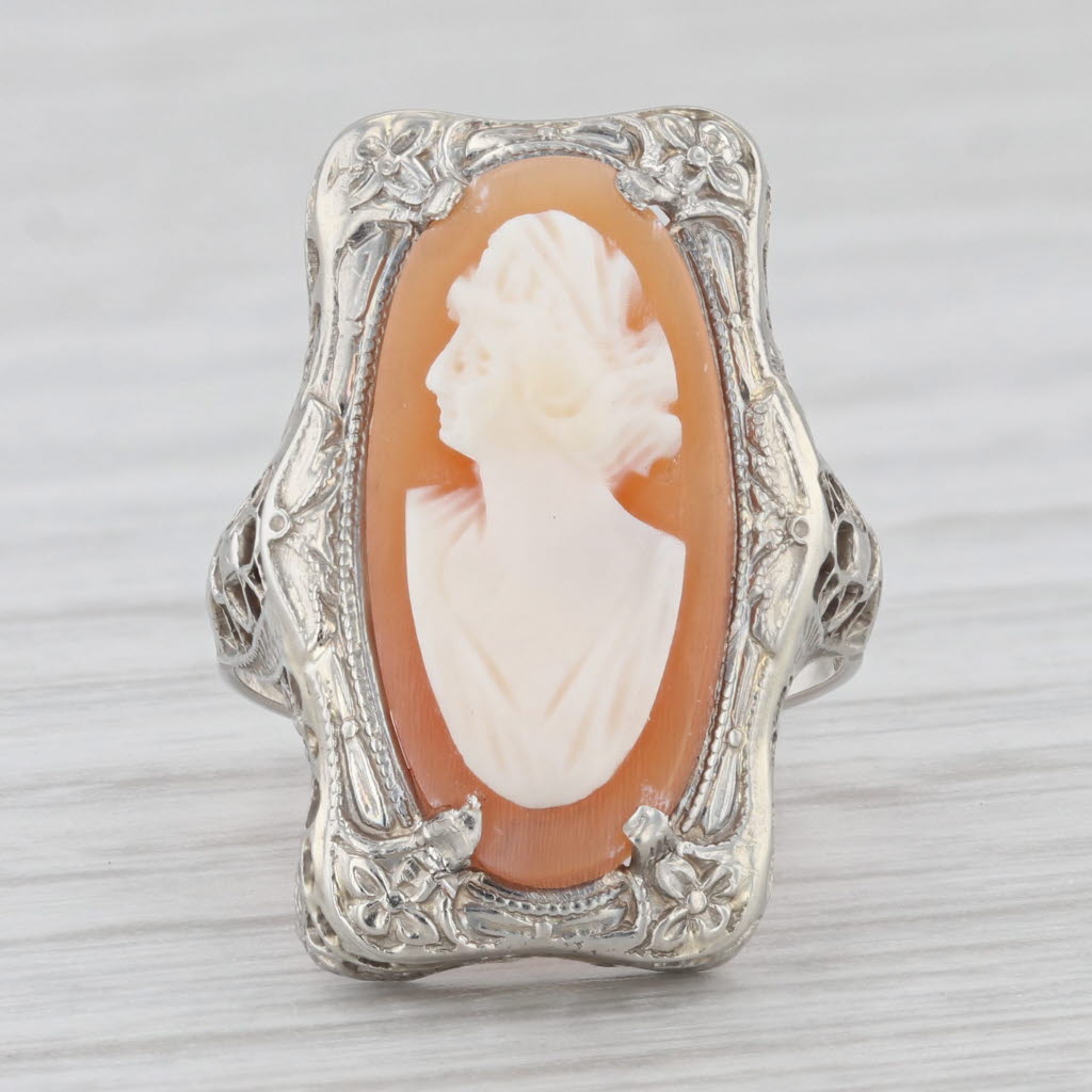 Light Gray Vintage 14K White Gold Carved Shell Cameo Filigree Size 3.5 Ring