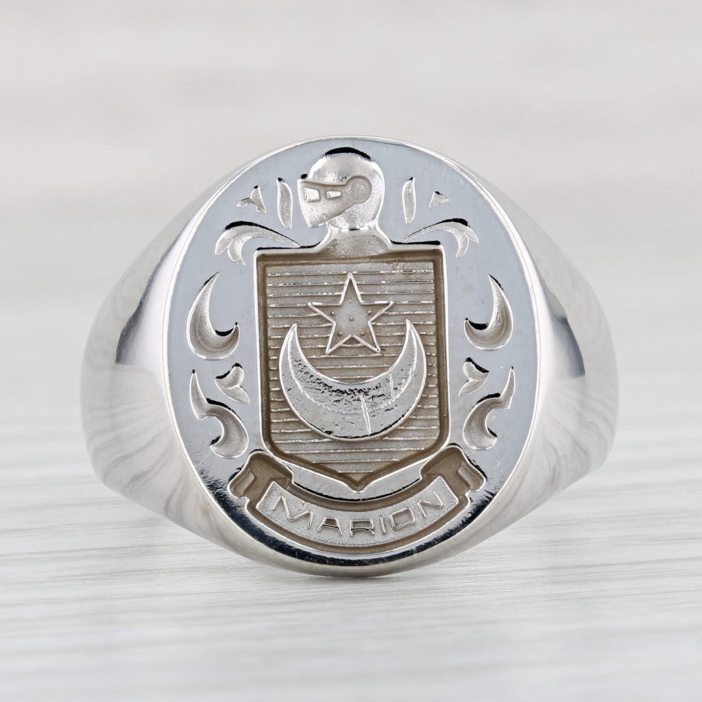 Light Gray Marion Coat of Arms Crest Ring 14k White Gold Size 12.75 Crescent Star Seal