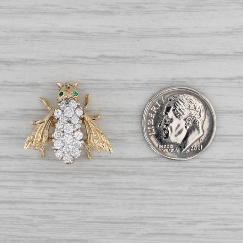 0.70ctw Diamond Cluster Bee Pin 14k Yellow Gold Emerald Eyes Artisan Signed