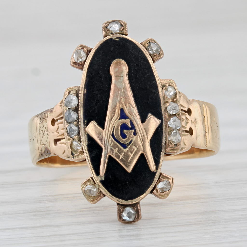 Light Gray Victorian Masonic Ring 14k Gold Diamond Enamel Size 9.5 Square Compass Signet