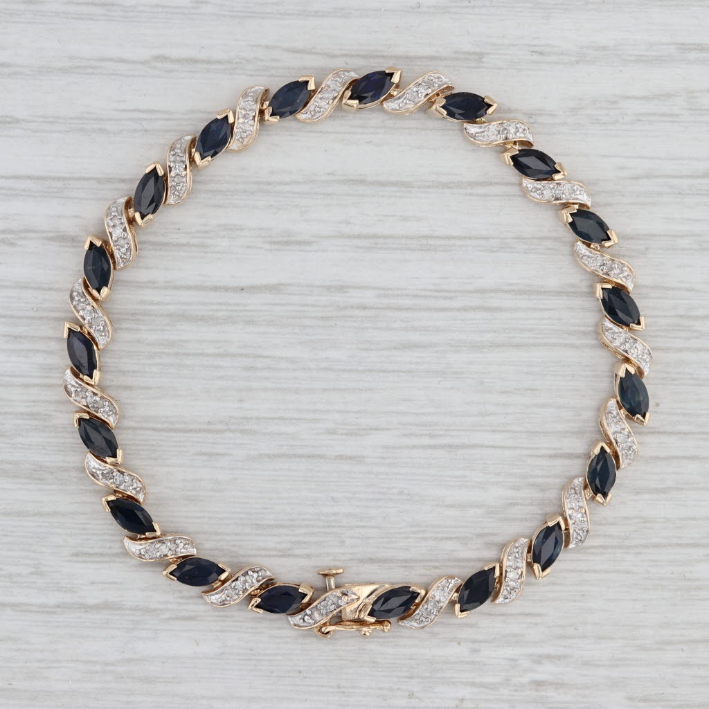6.69ctw Blue Sapphire Diamond Scalloped Tennis Bracelet 14k Yellow Gold 6.75"