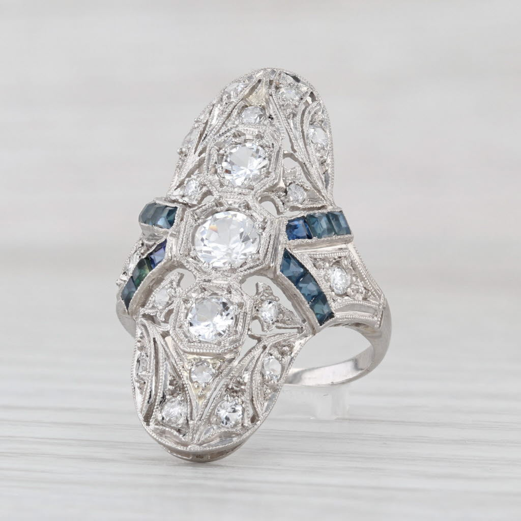 Art Deco Diamond Sapphire Lab Created Spinel Ring Platinum Size 5.25 Vintage