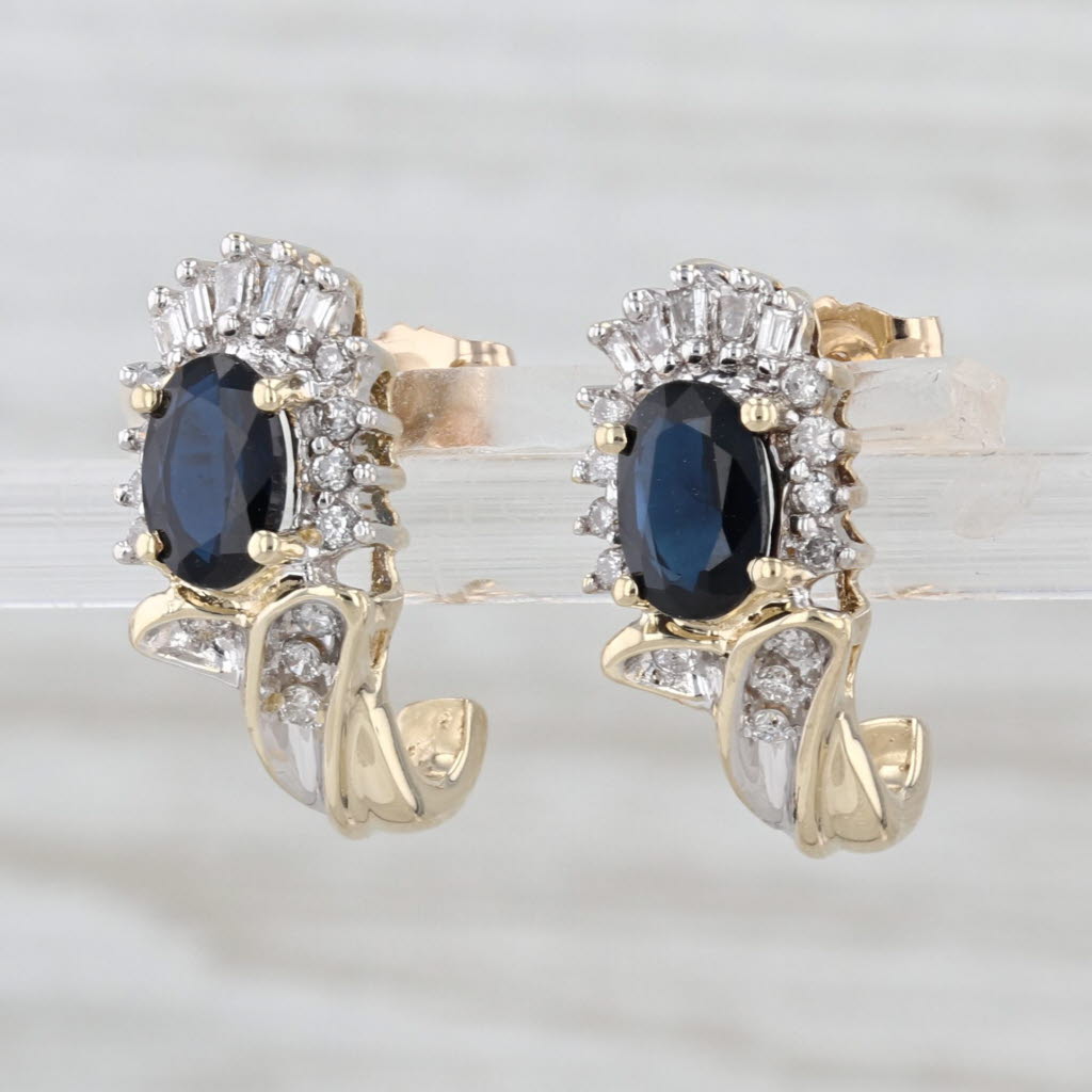 1.32ctw Blue Sapphire Diamond Halo Earrings 10k Gold J-Hook Stud Drops