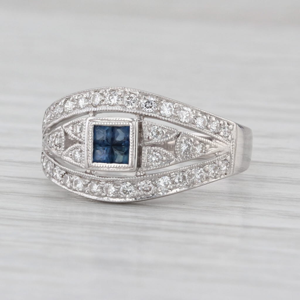 0.46ctw Blue Sapphire Diamond Ring Bridal Engagement 18k White Gold Size 6.75