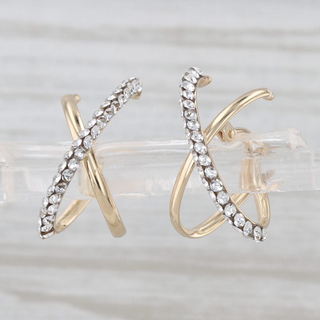 Cubic Zirconia Crossover Hoop Earrings 14k Yellow Gold Snap Top Hoops