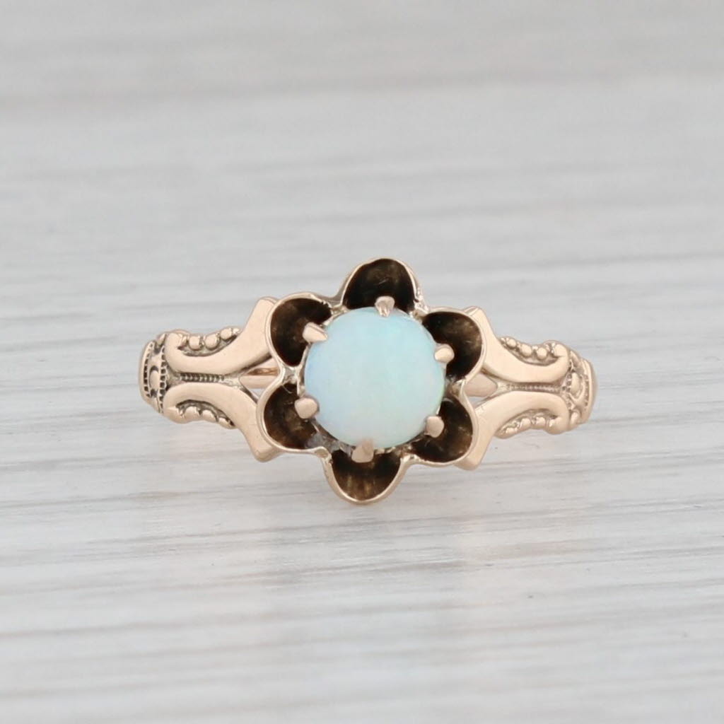 Light Gray Victorian Opal Flower Ring 10k Gold Size 5.5 Antique Round Cabochon Solitaire