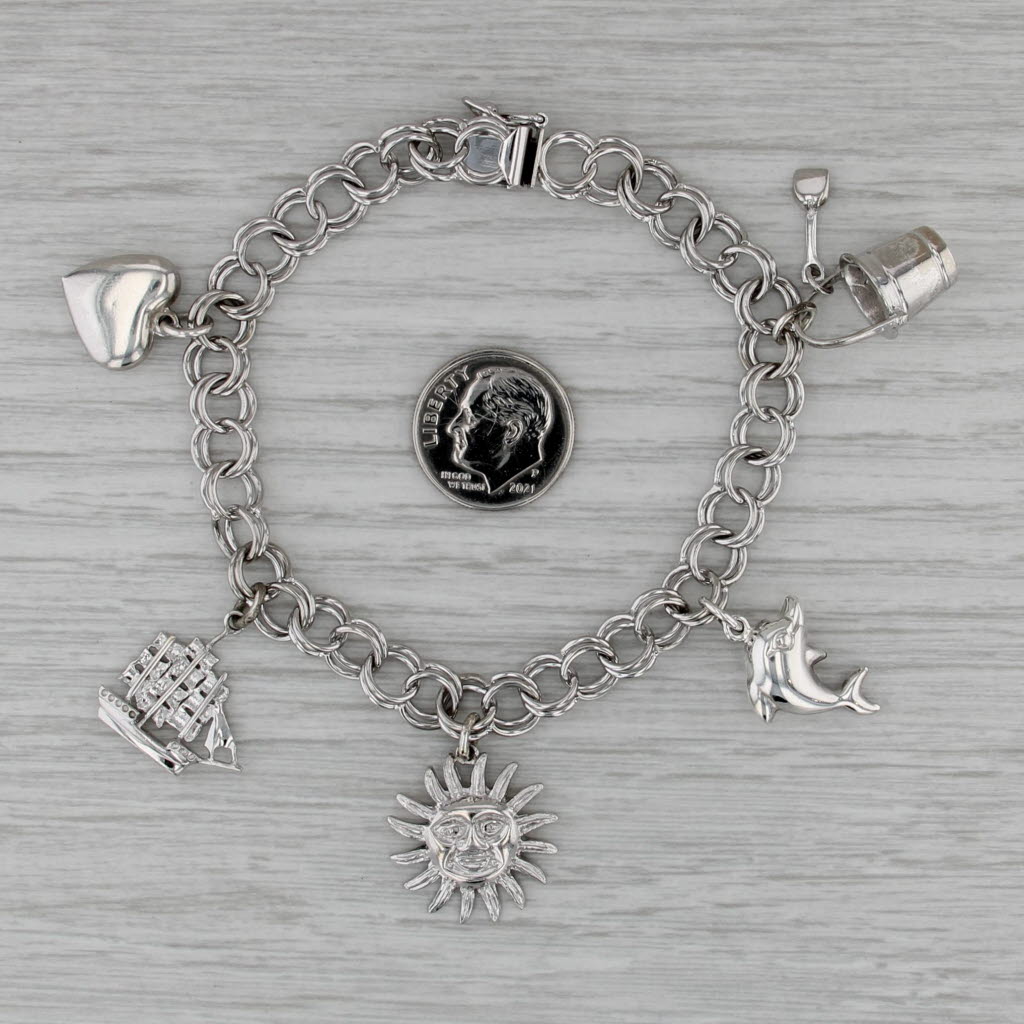 Nautical Charm Bracelet Sterling Silver Curb Chain 7.5" Sun Heart Dolphin Ship