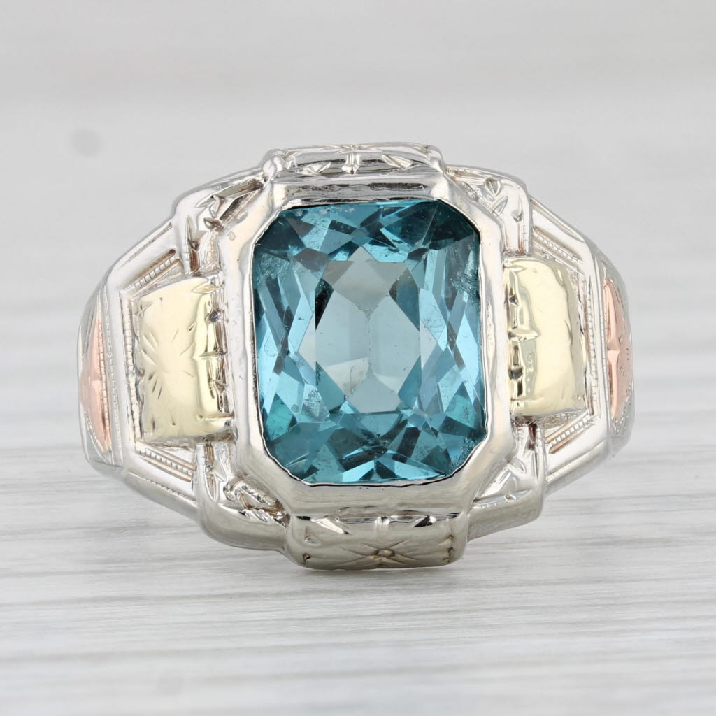 Light Gray Vintage Lab Created Blue Spinel Ring 14k Gold Floral Tri-Toned Size 7.25