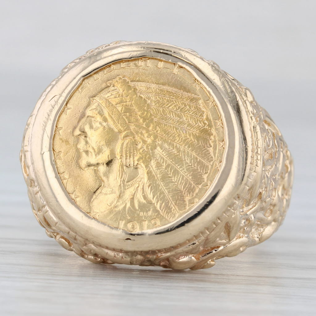 Gray 1913 USD 2.50 Indian Head Coin Ring 14k Nugget Band 900 Gold Size 12.5