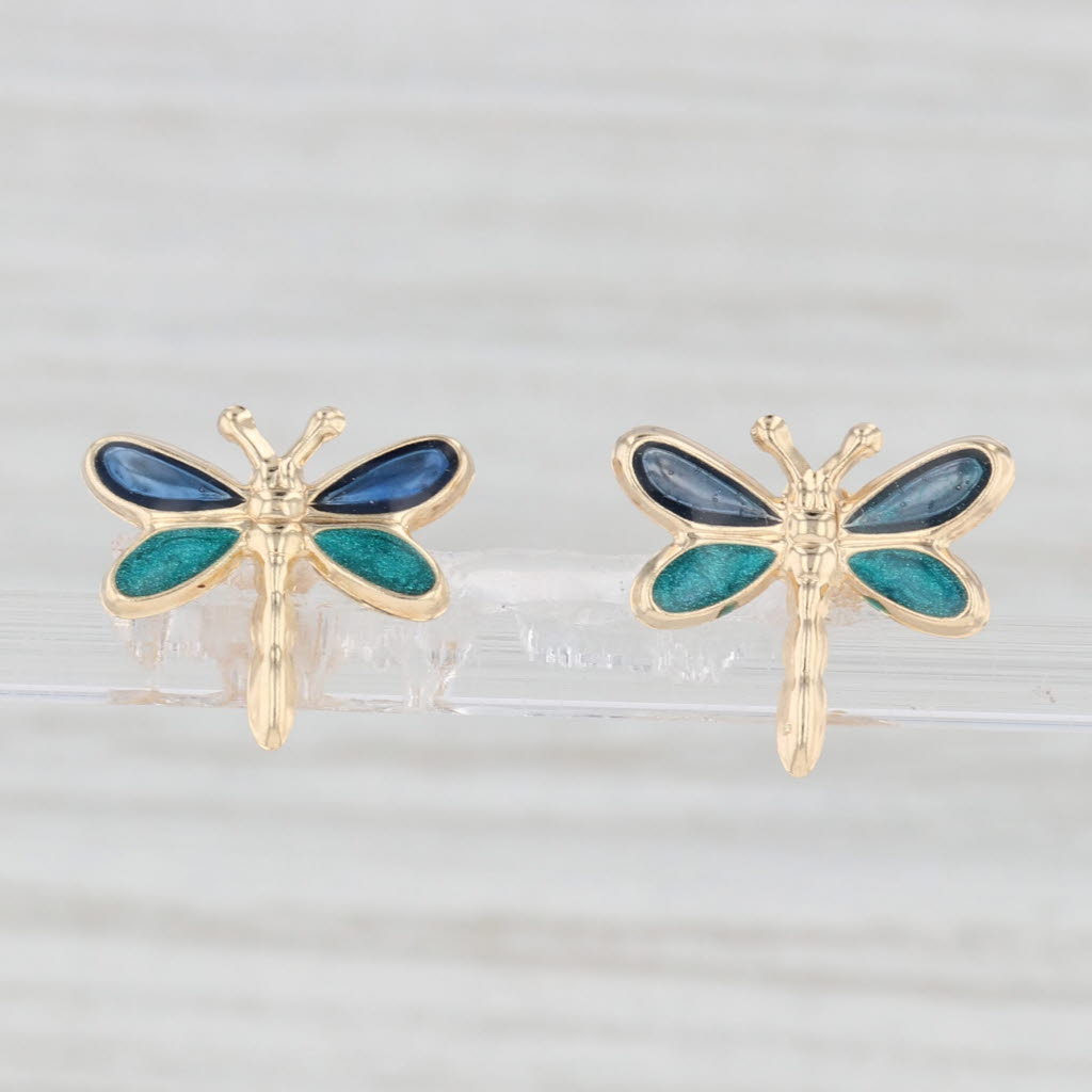 Light Gray Dragonfly Stud Earrings 14k Yellow Gold Blue Enamel Insect Jewelry