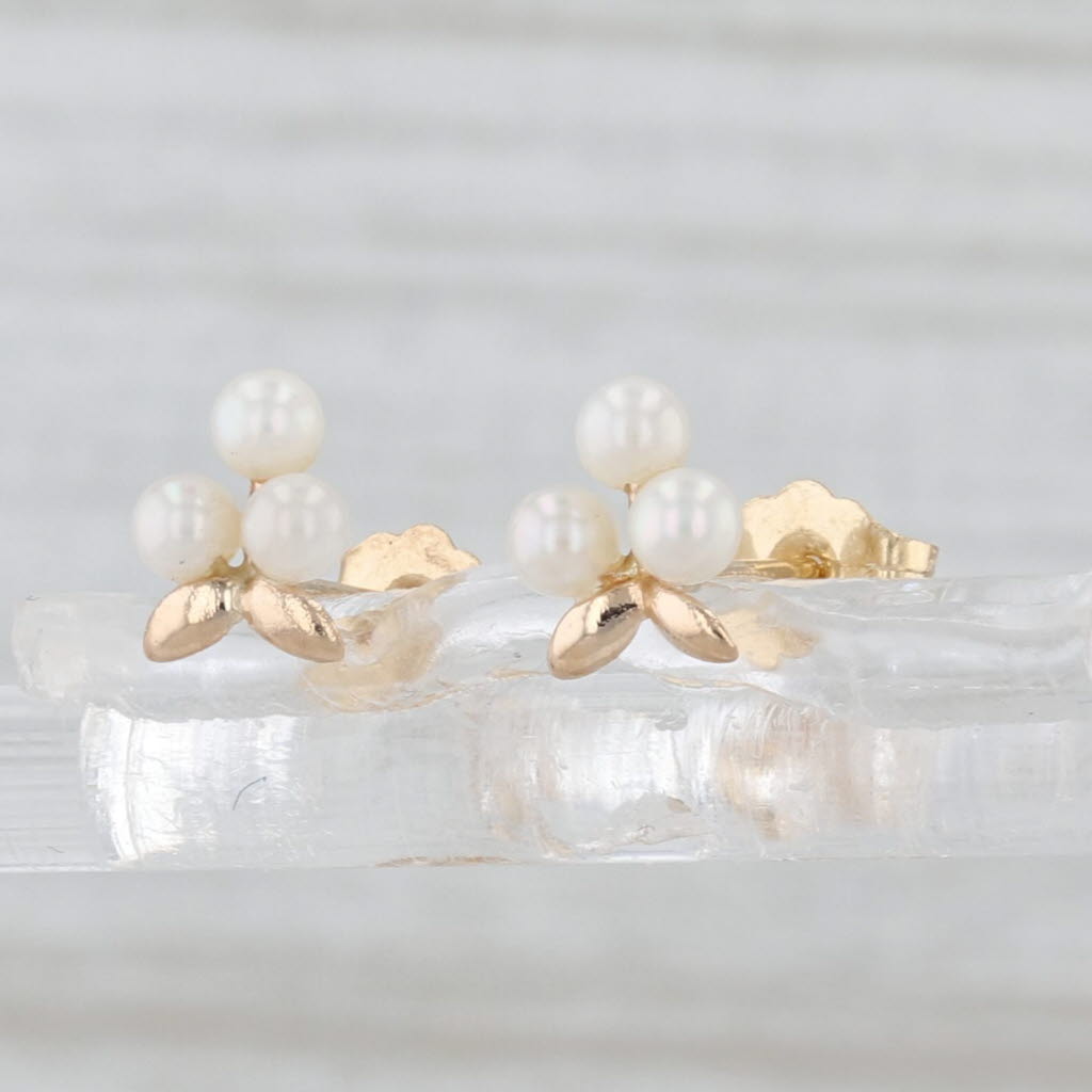 Small Cultured Stud Earrings 14k Yellow Gold Little Flower Studs