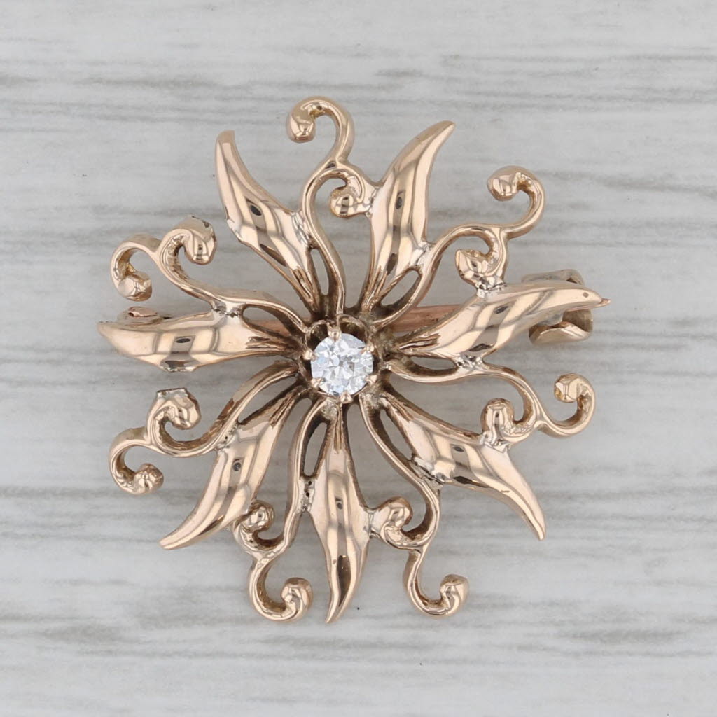 Gray Antique Diamond Flower Pin 10k Yellow Gold Brooch