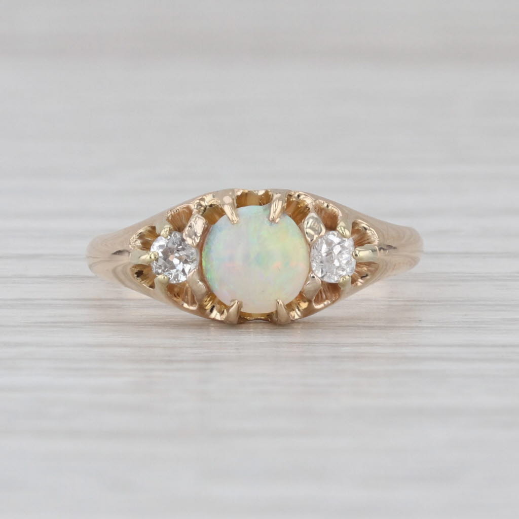Antique Opal Cabochon Diamond Ring 14k Yellow Gold Size 5.25
