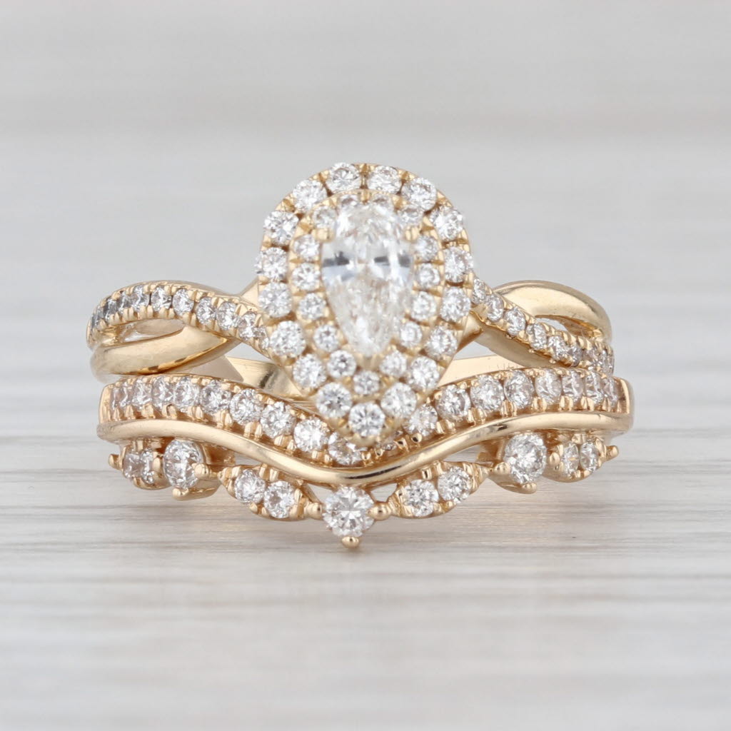 0.65ctw Pear Diamond Halo Engagement Ring Wedding Band Bridal Set 14k Gold