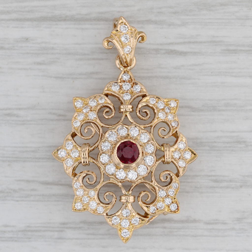 Gray 0.73ctw Ruby Diamond Brooch Pendant 18k Gold Vintage Ornate Pin