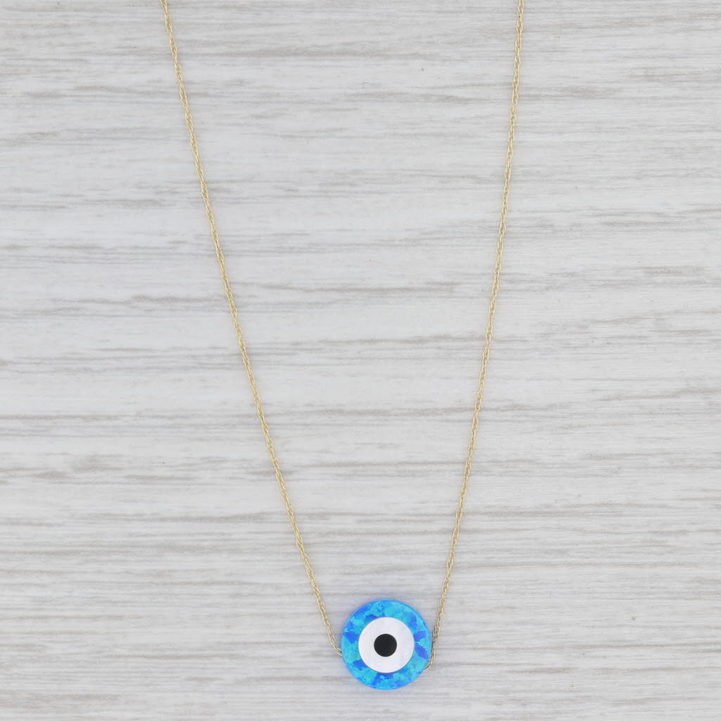New All Seeing Eye Pendant Necklace 14k Gold Onyx Mother of Pearl 17.25"