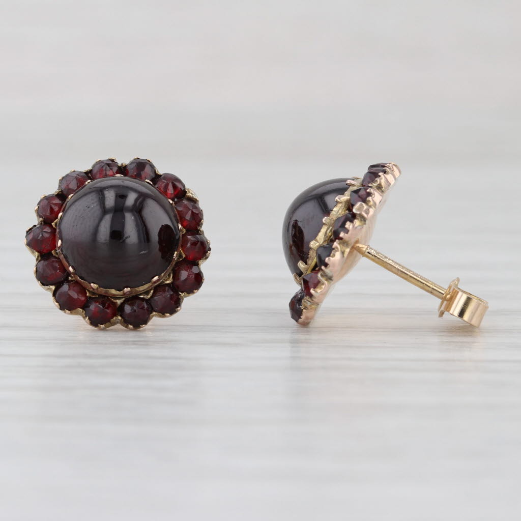 Vintage Garnet Button Flower Stud Earrings 10k Yellow Gold Studs