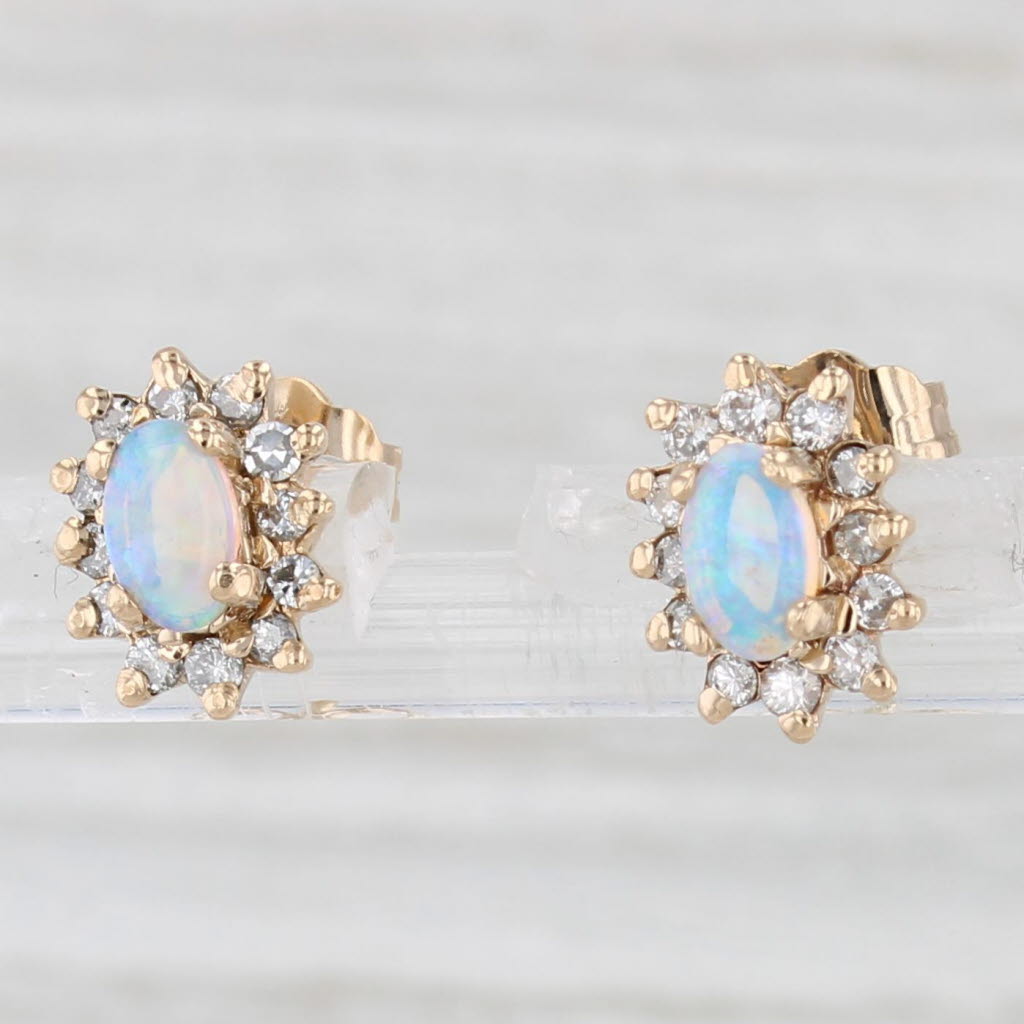 Light Gray Opal Diamond Halo Stud Earrings 14k Yellow Gold Vintage Oval Cabochon Studs