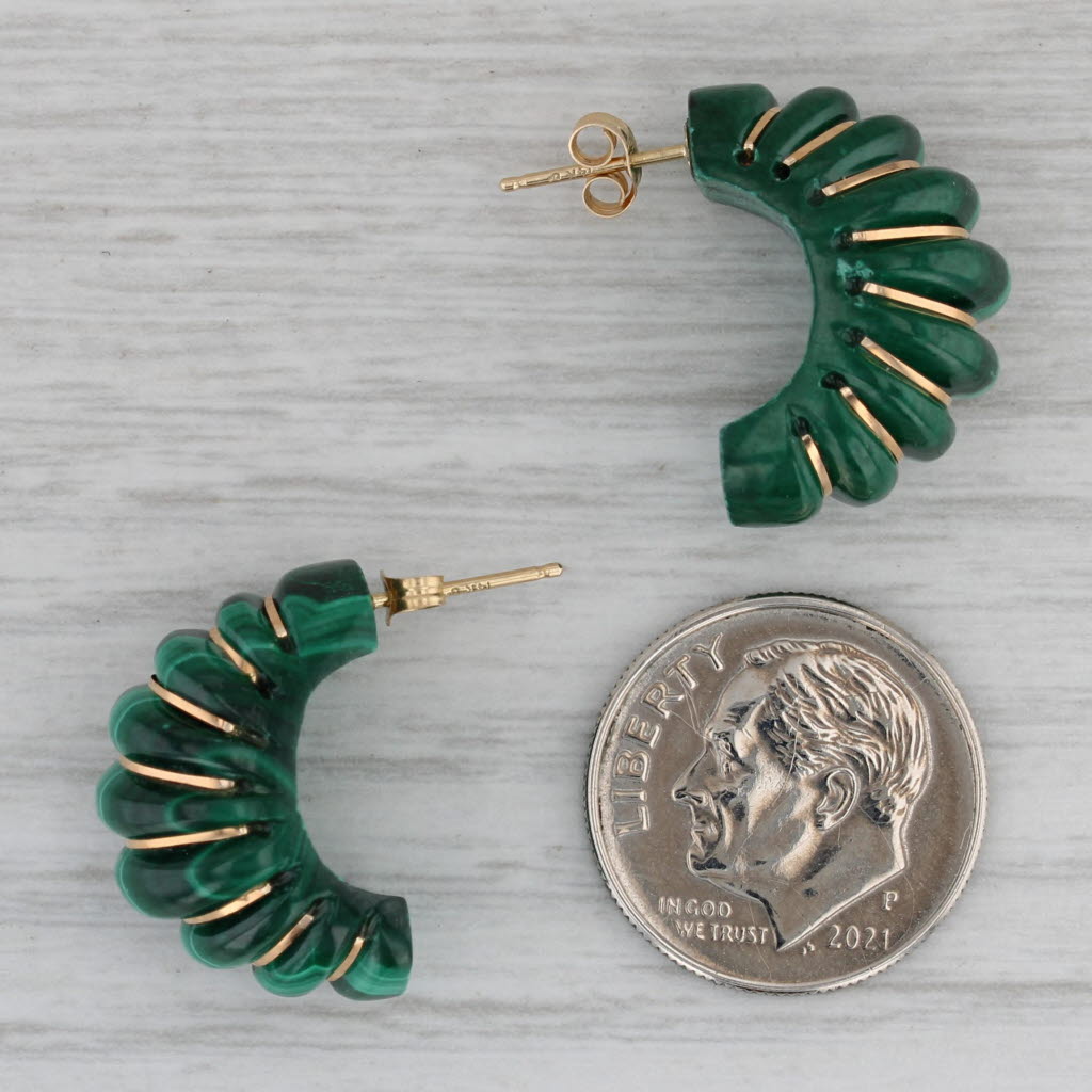 Gray Scalloped Green Malachite Drop Earrings 14k Yellow Gold Pierced Drops