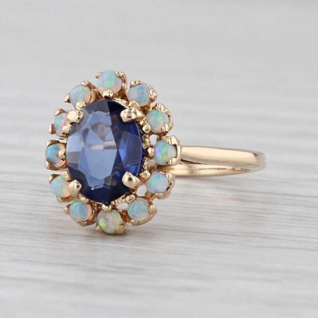 1.40ct Lab Created Blue Oval Sapphire Opal Halo Ring 14k Yellow Gold Size 7