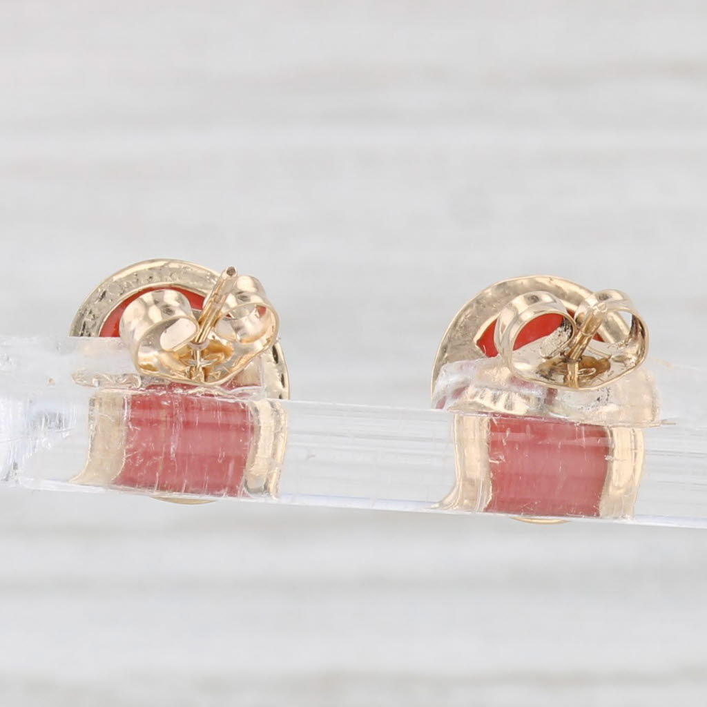 Light Gray Red Coral Stud Earrings 14k Yellow Gold Oval Cabochon Solitaires