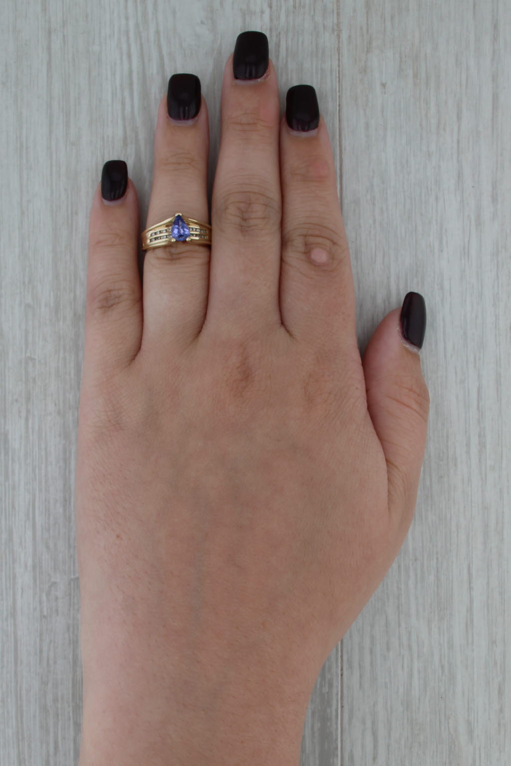 0.65ctw Pear Tanzanite Diamond Ring 10k Yellow Gold Size 5.5 Cathedral Band
