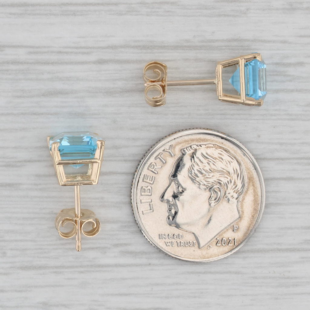 Gray 6ctw Blue Topaz Stud Earrings 14k Yellow Gold Emerald Cut Solitaires